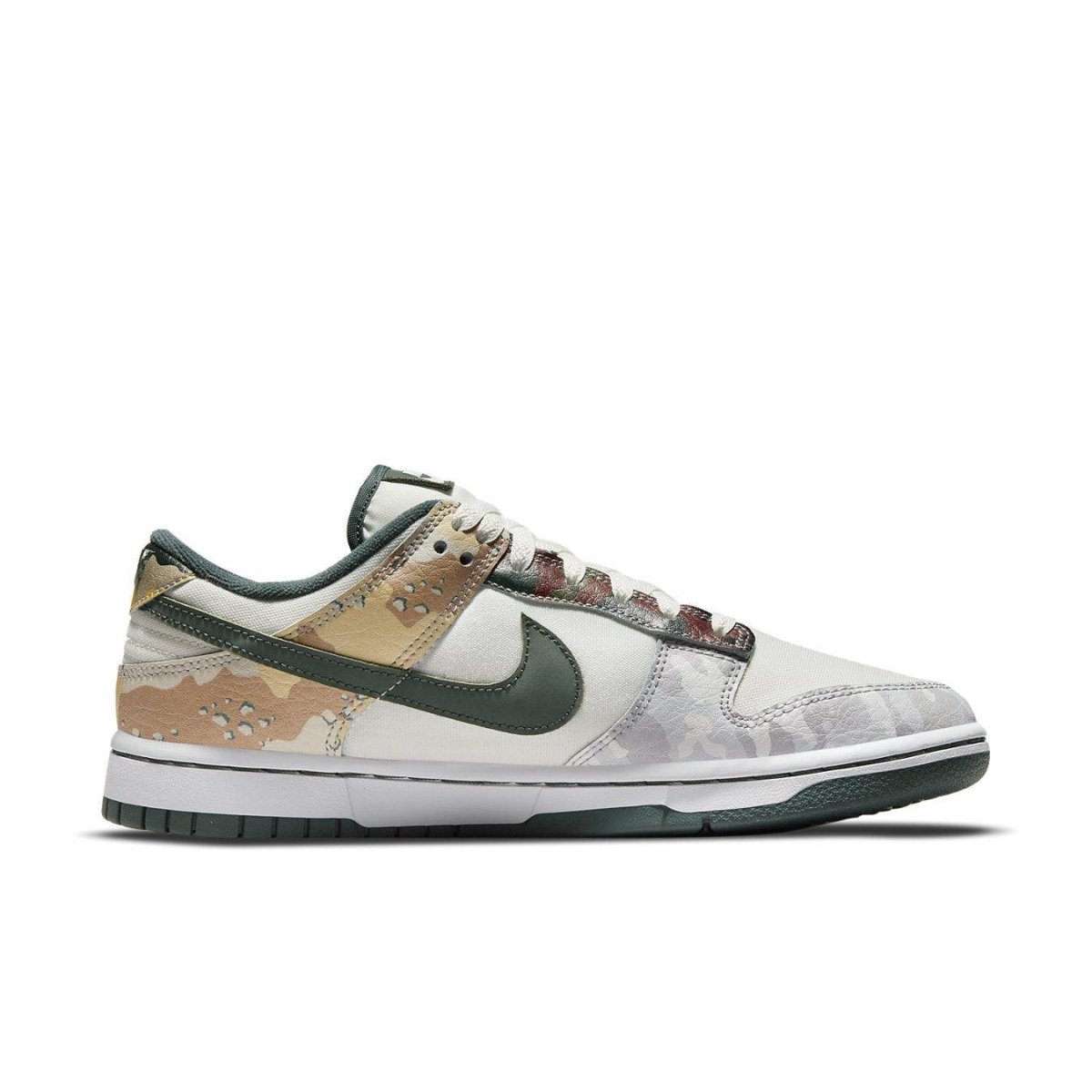 Nike Dunk Low SE in Sail Multi-Camo featuring unique color blocking and canvas upper for a stylish sneaker look.