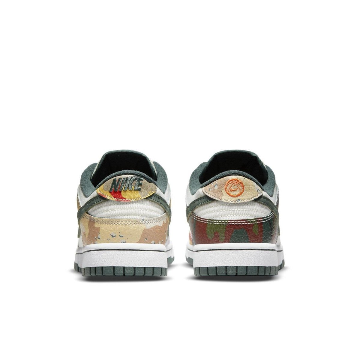Nike Dunk Low SE Sail Multi-Camo rear view showcasing unique camo design and textile materials.
