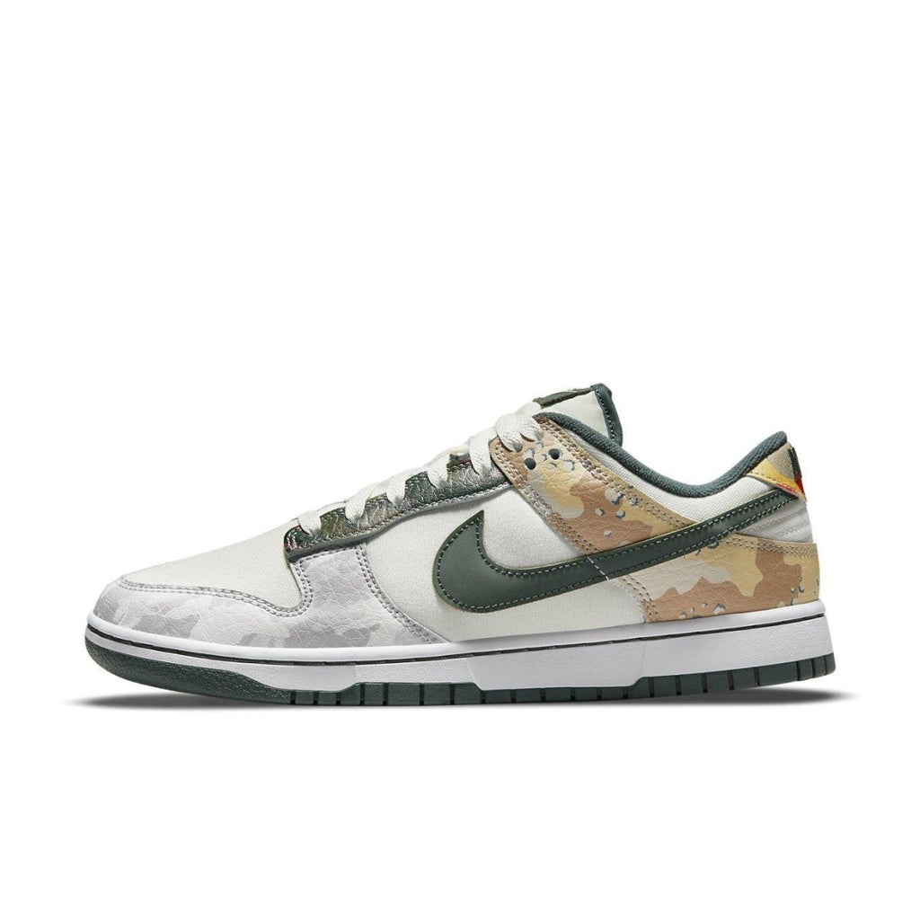 Nike Dunk Low SE Sail Multi-Camo sneaker featuring canvas upper and camo panels.
