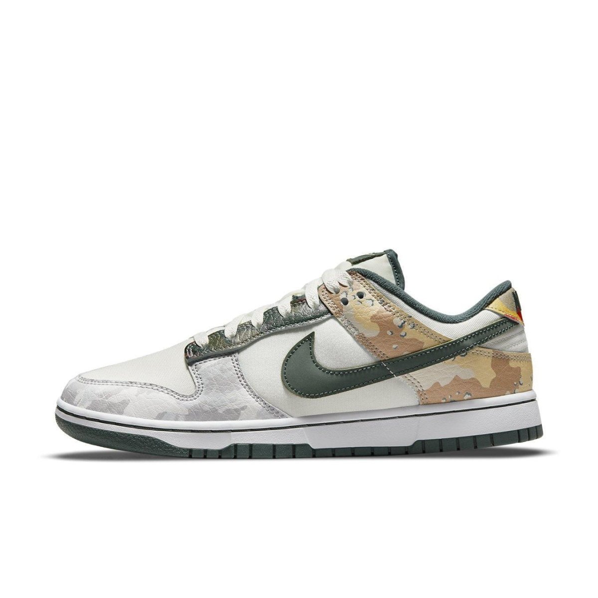 Nike Dunk Low SE Sail Multi-Camo sneaker featuring canvas upper and camo panels.