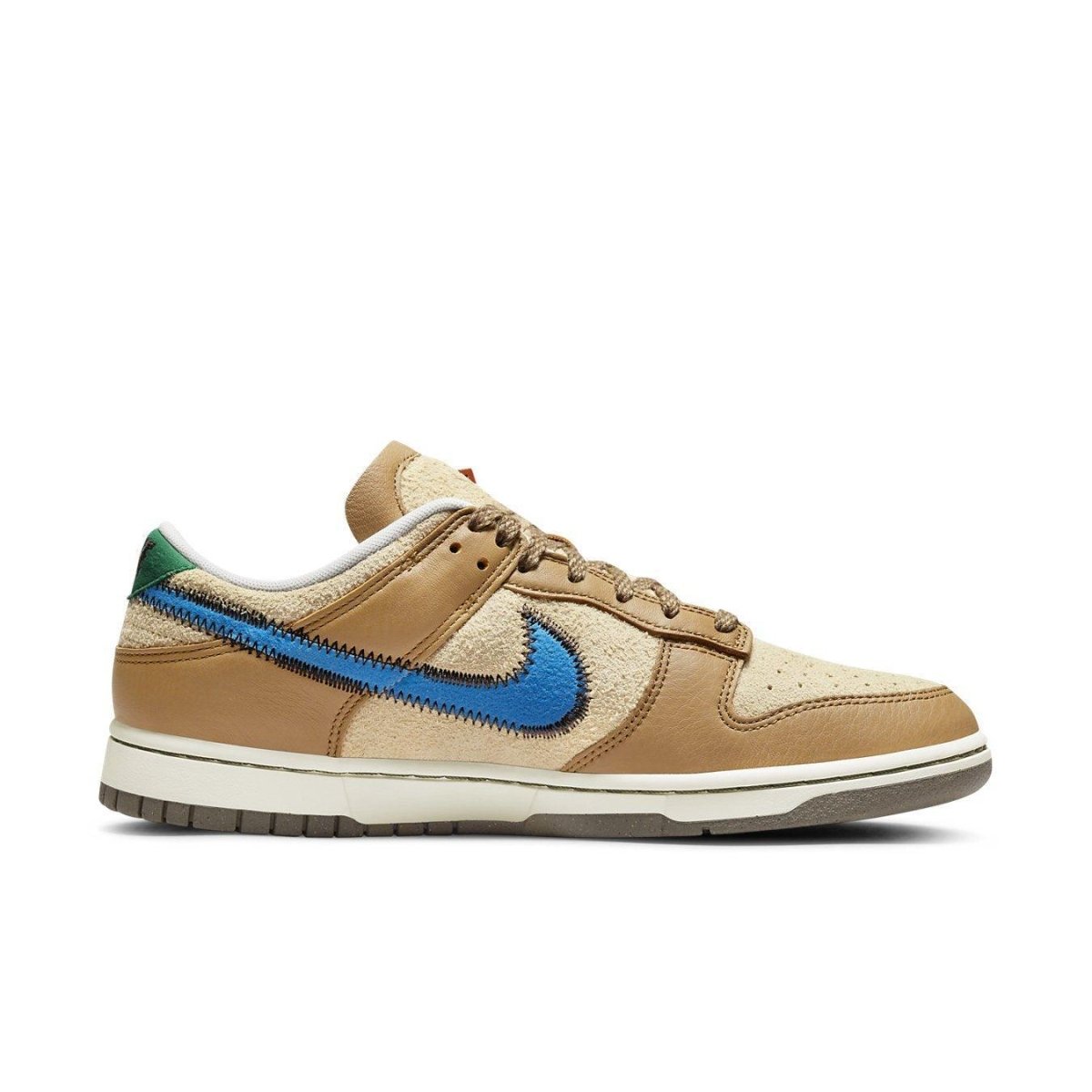 Nike Dunk Low Size? Dark Driftwood sneaker featuring brown suede and a blue Swoosh design