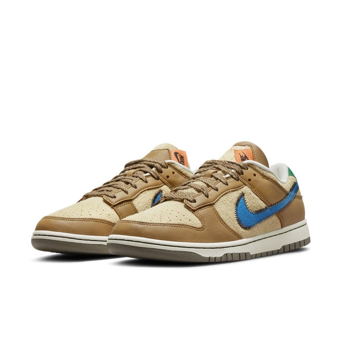 Nike Dunk Low size? Dark Driftwood featuring light brown and caramel suede, blue Swoosh, and vintage style.