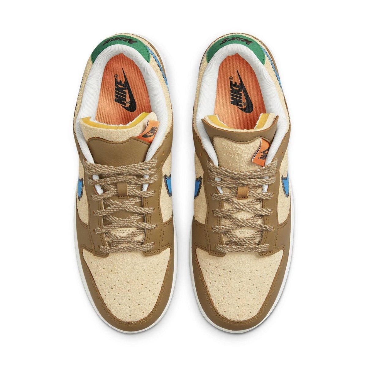 Nike Dunk Low size? Dark Driftwood sneakers featuring a mix of light brown and caramel suede with blue accents.