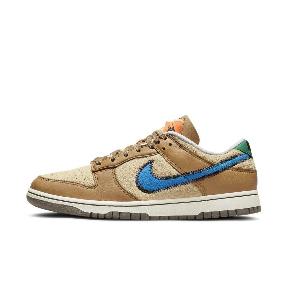 Nike Dunk Low size? Dark Driftwood featuring light brown suede with caramel overlays and blue Swoosh.