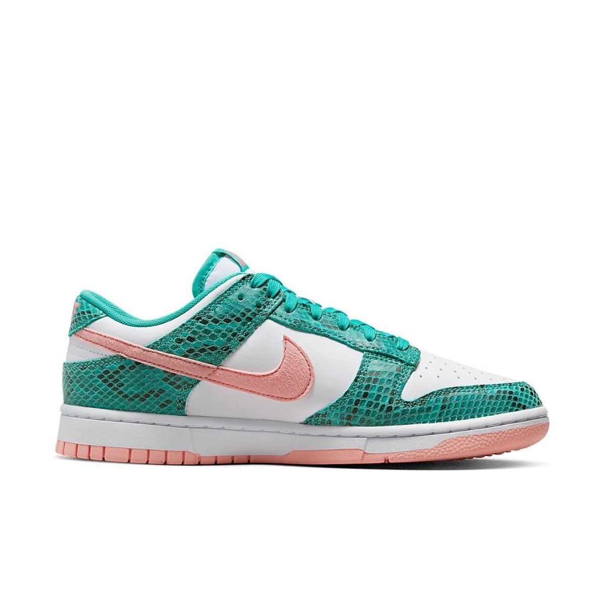 Nike Dunk Low Snakeskin Washed Teal Bleached Coral sneaker with white base and green teal snakeprint detailing.