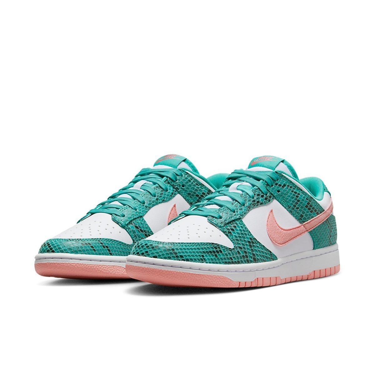 Nike Dunk Low Snakeskin in Washed Teal and Bleached Coral with snake print and rubber sole design.