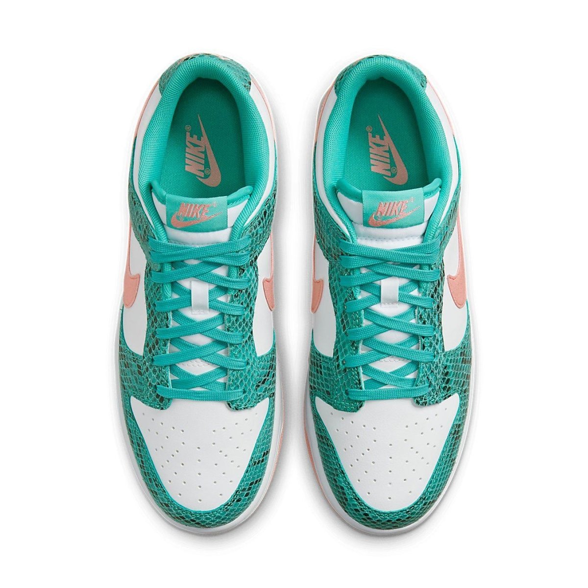 Nike Dunk Low Snakeskin Washed Teal Bleached Coral sneakers with teal and coral accents against a white background.