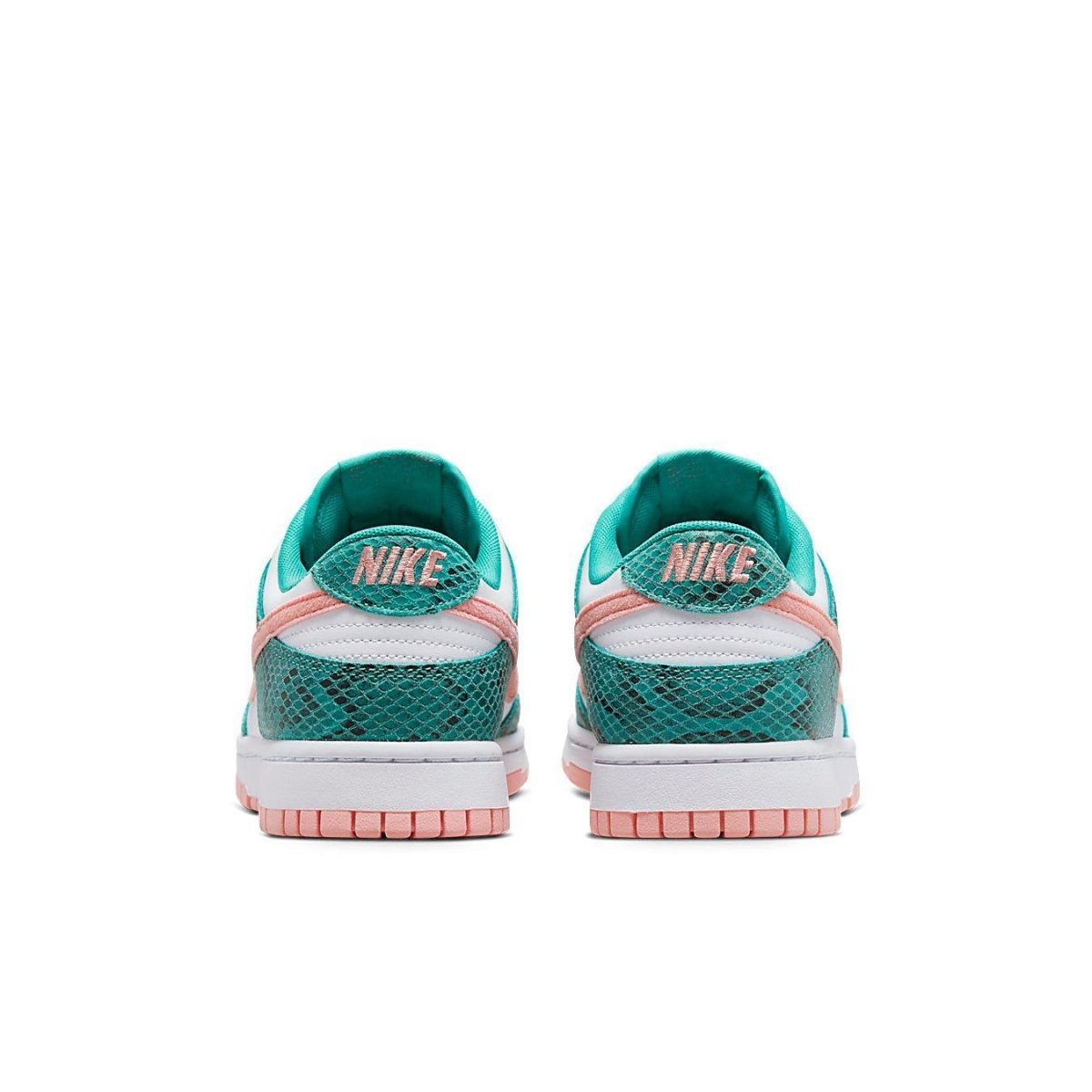 Rear view of Nike Dunk Low Snakeskin in Washed Teal and Bleached Coral with distinctive pink accents.