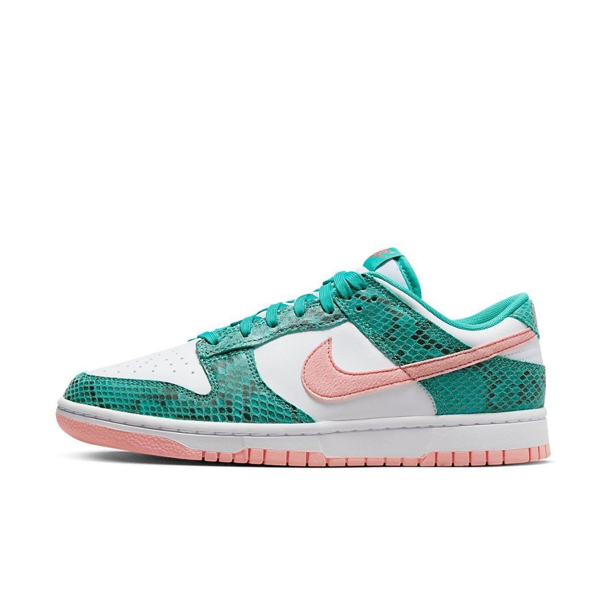 Nike Dunk Low Snakeskin Washed Teal Bleached Coral with white base, green teal snakeskin, and pink accents.
