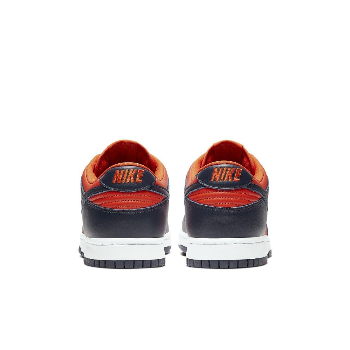 Rear view of Nike Dunk Low SP Champ Colors in university orange and marine with white outsole.
