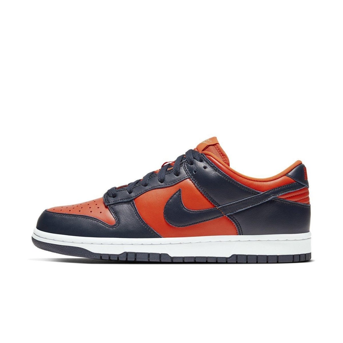 Nike Dunk Low SP Champ Colors in University Orange and Marine, featuring leather upper and breathable design.