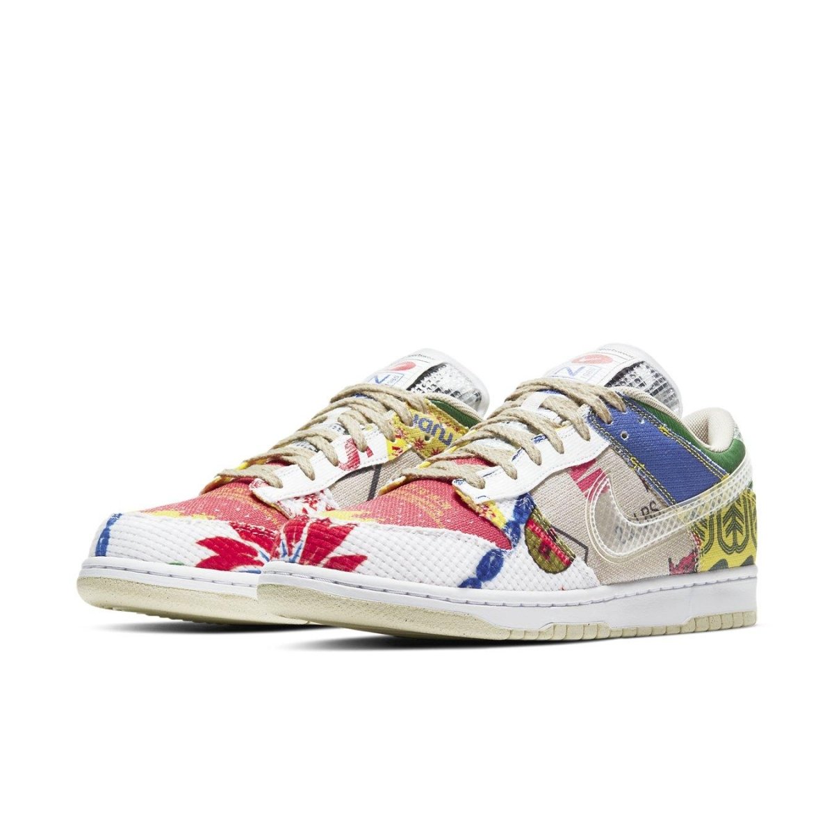 Nike Dunk Low SP City Market sneakers featuring colorful textile designs inspired by street market packaging.