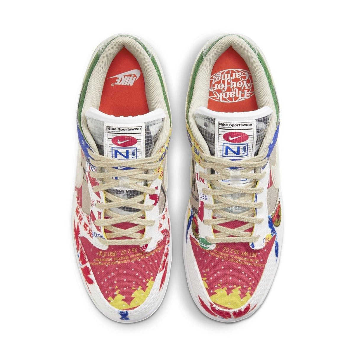 Nike Dunk Low SP City Market sneaker featuring vibrant textile patterns and unique packaging-inspired design.