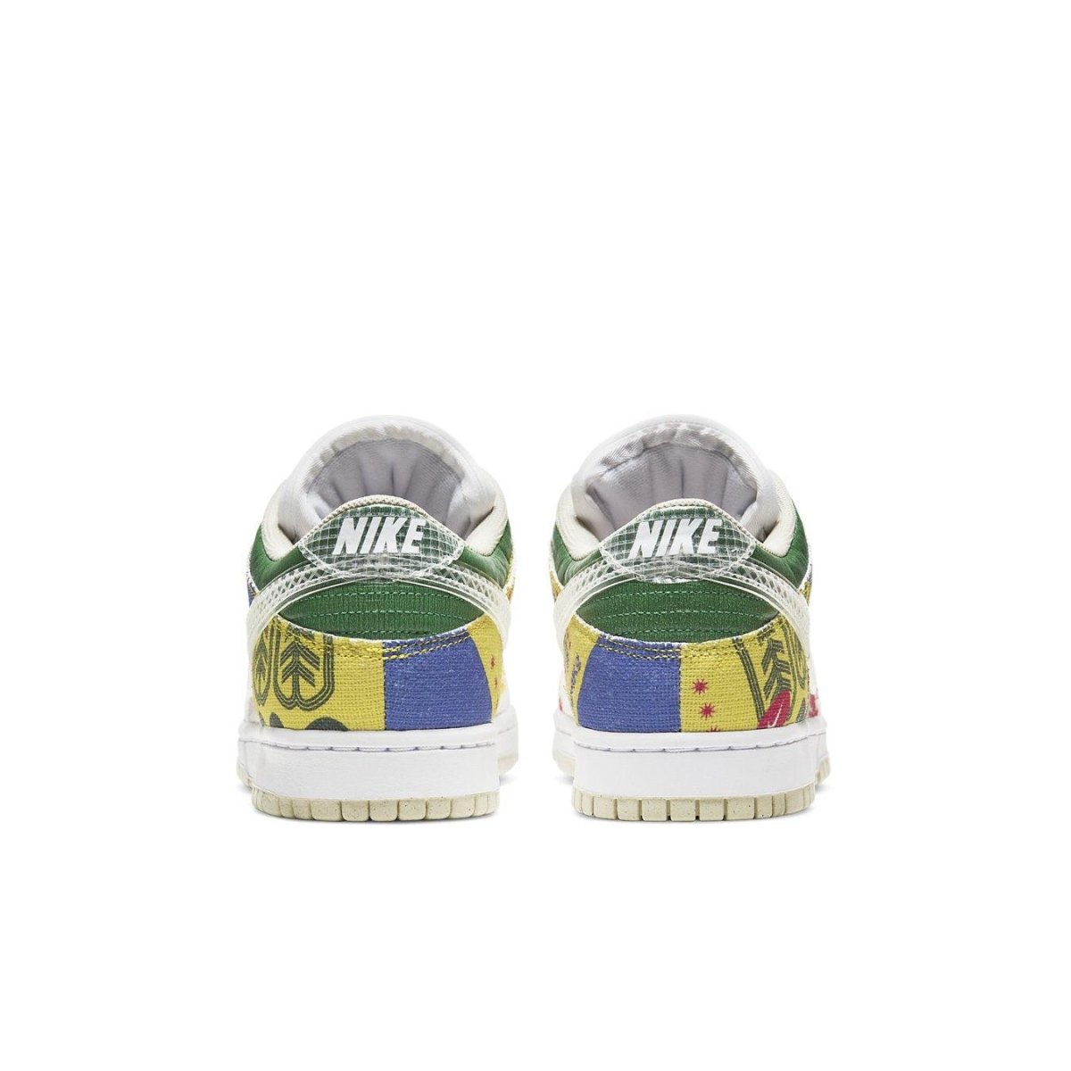 Nike Dunk Low SP City Market sneaker rear view showcasing vibrant textile design and industrial-inspired elements.