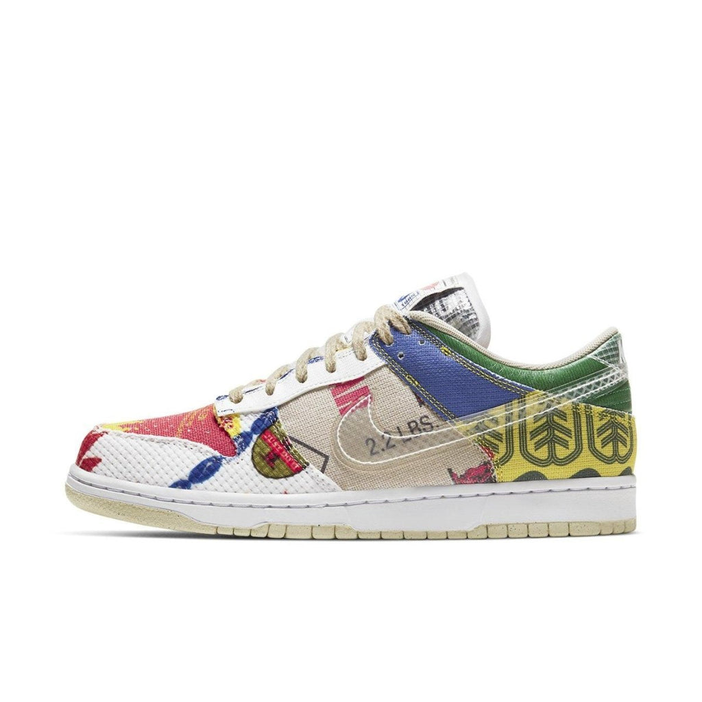 Nike Dunk Low SP City Market sneaker showcasing colorful textile sections and unique patterns inspired by street markets.