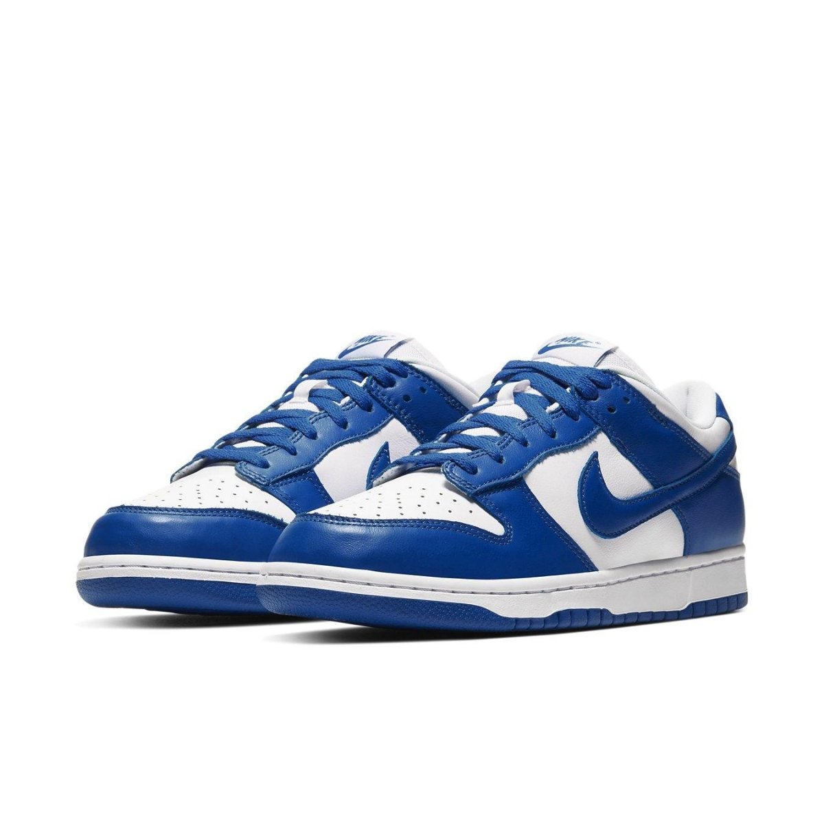 Nike Dunk Low SP Kentucky sneakers featuring a white leather upper with royal blue overlays.