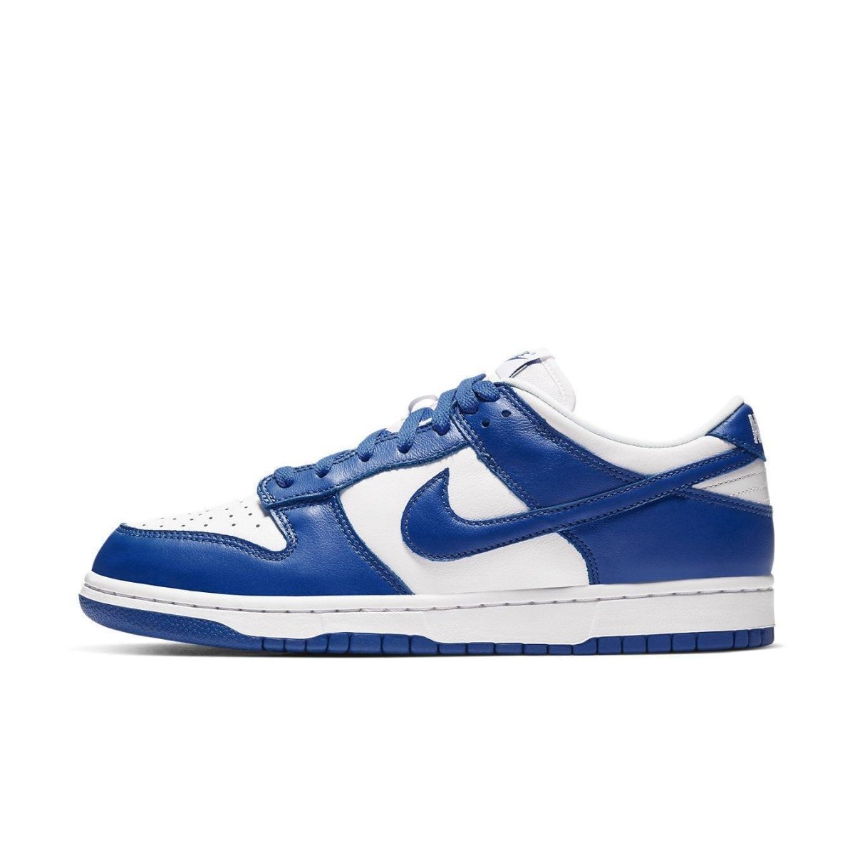 Nike Dunk Low SP Kentucky 2020 in white and royal blue colorway, featuring leather upper and classic design.