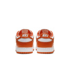 Nike Dunk Low SP Syracuse (2020) rear view, showcasing orange and white colorway and Nike branding.