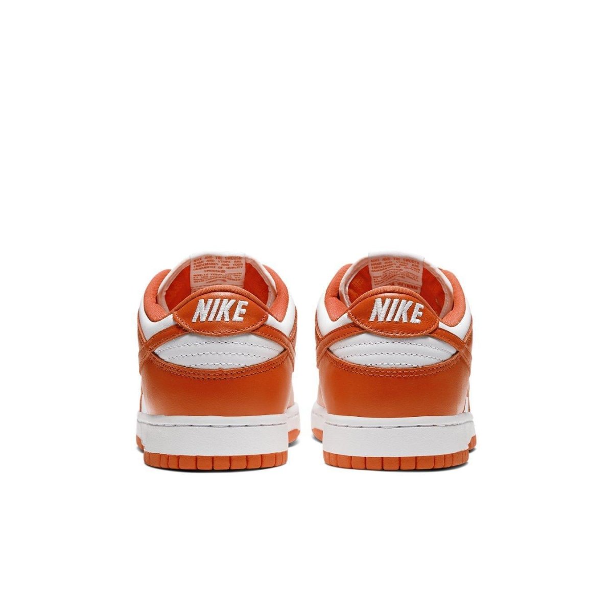Nike Dunk Low SP Syracuse (2020) rear view, showcasing orange and white colorway and Nike branding.