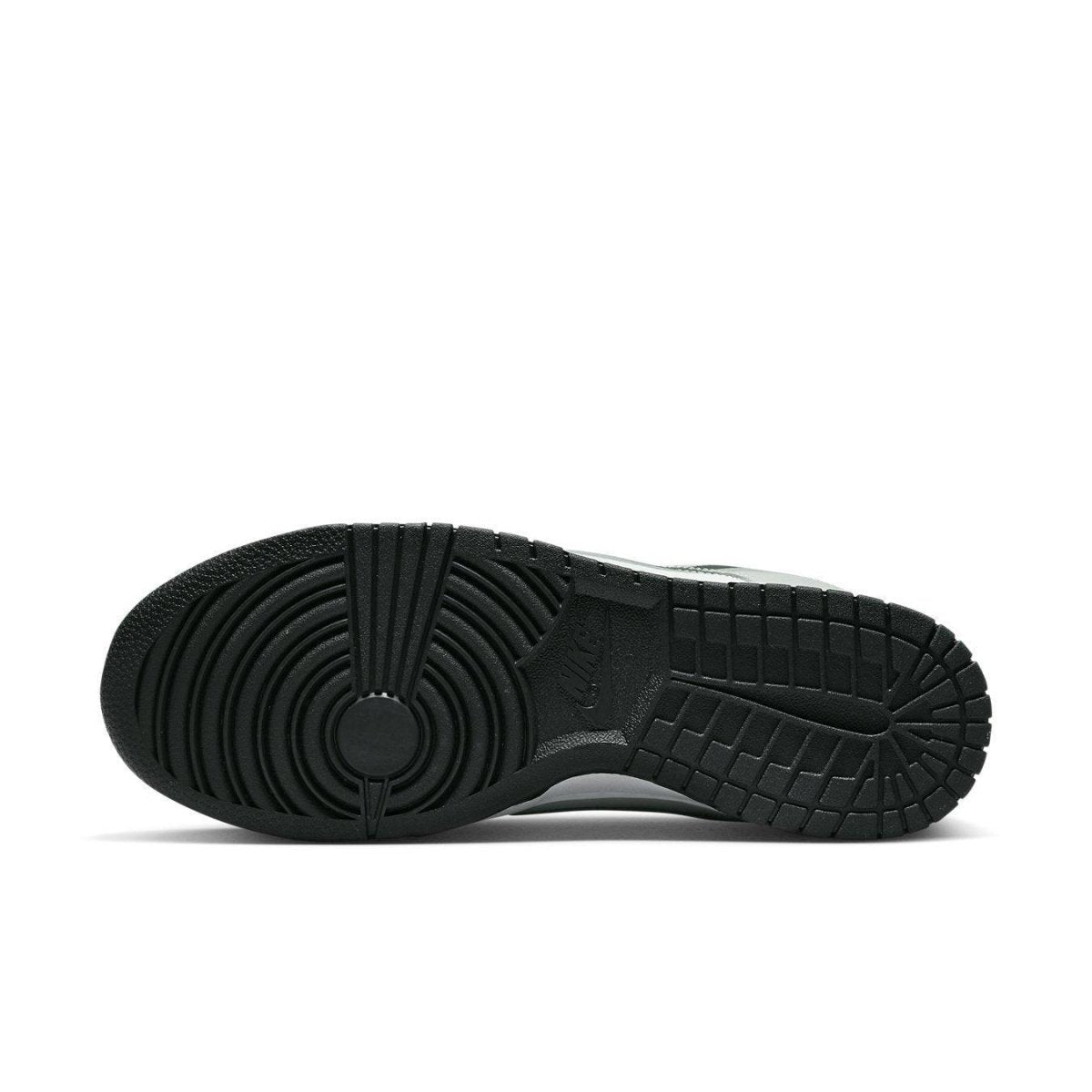Sole view of Nike Dunk Low Stencil Swoosh in Grey and White with textured rubber outsole design.