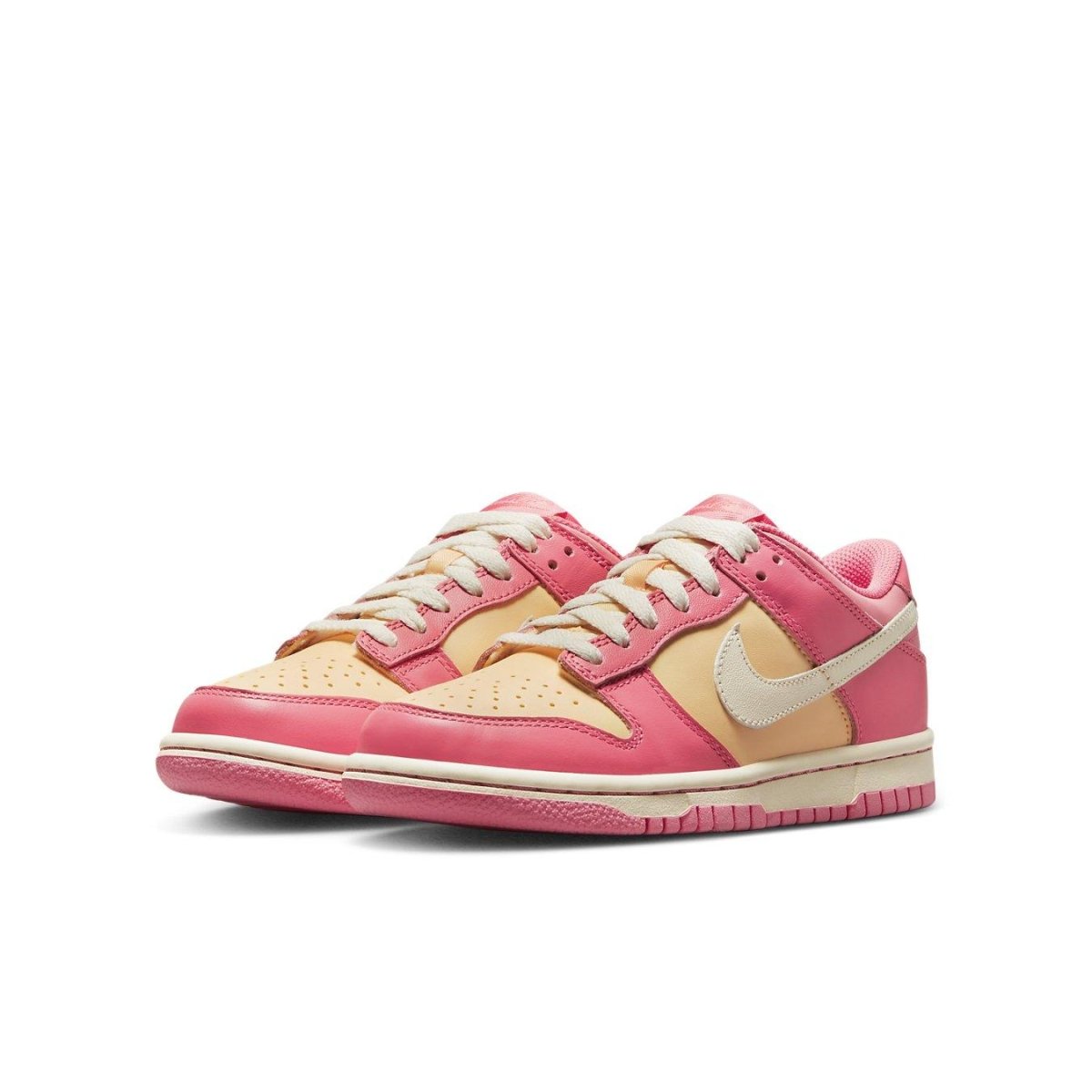Nike Dunk Low Strawberry Peach Cream (GS) sneakers in pink and peach hues with white accents, perfect for summer walks.