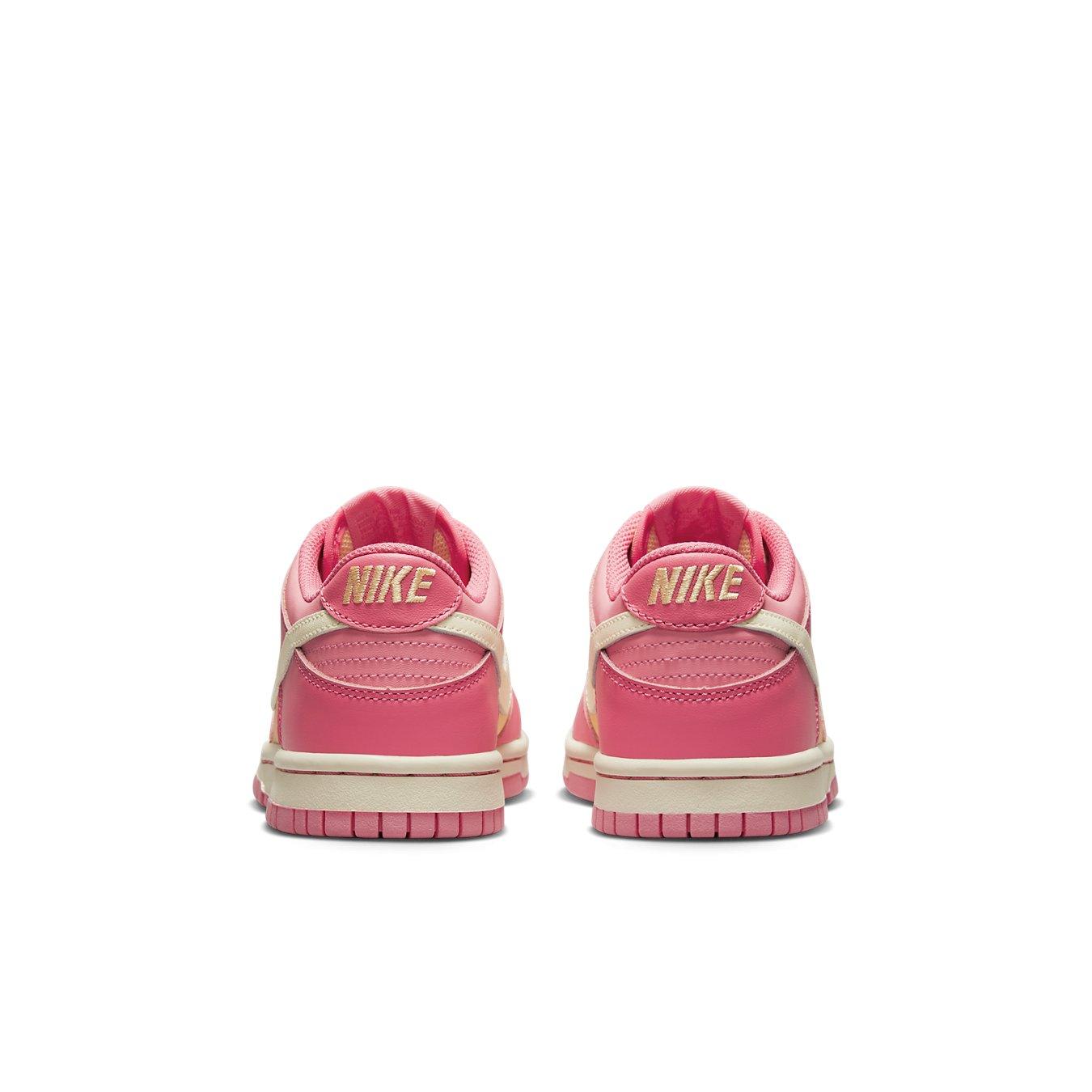 Nike Dunk Low Strawberry Peach Cream (GS) rear view showcasing vibrant pink design with soft cream accents.