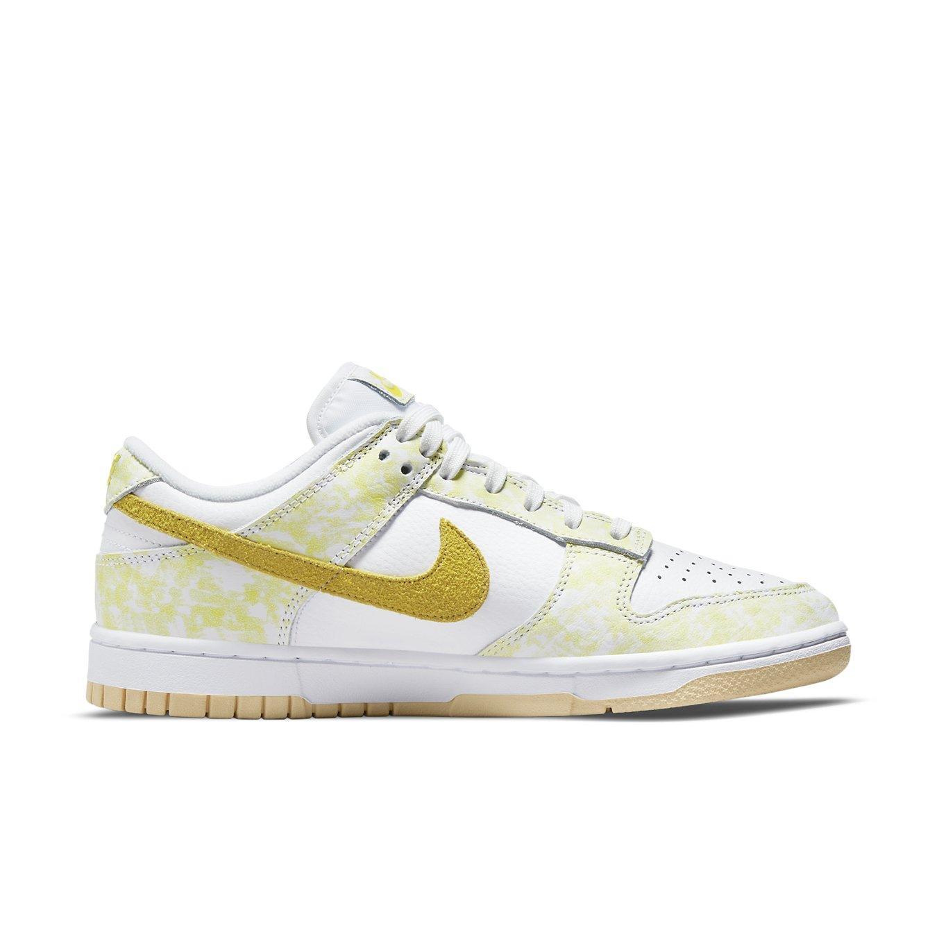 Nike Dunk Low Strike Yellow women sneaker featuring white leather and mustard suede details.
