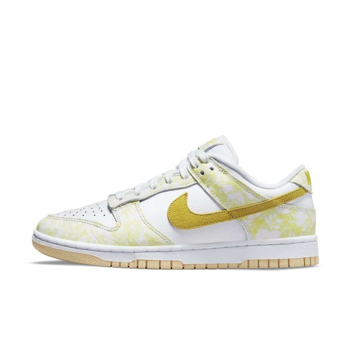 Nike Dunk Low Strike Yellow (W) in white and yellow with a unique suede Swoosh and bright overlays.