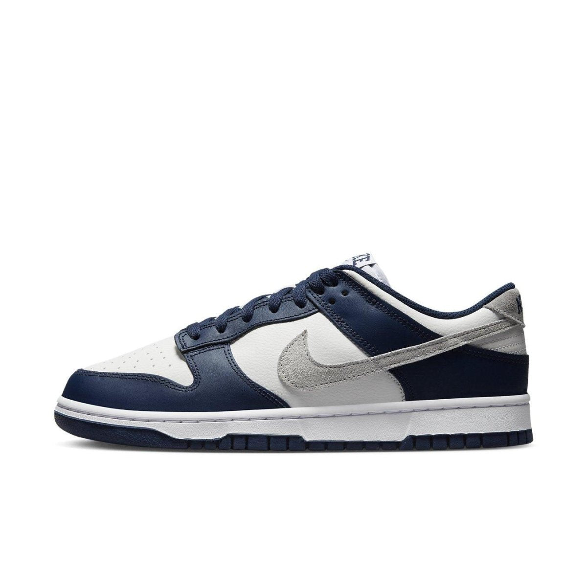 Nike Dunk Low Summit White Midnight Navy sneaker side view featuring premium leather and retro branding.