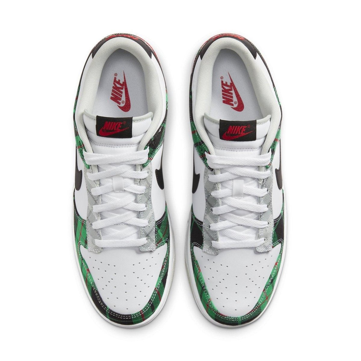 Nike Dunk Low Tartan Plaid sneakers featuring a white base with tartan check pattern in green, red, and black.