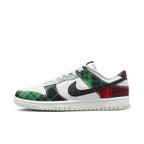 Nike Dunk Low Tartan Plaid with green, black, and red check pattern on a white leather base.