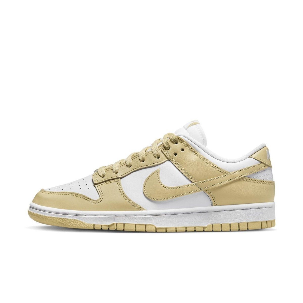 Nike Dunk Low Team Gold sneaker featuring a white leather base and soft yellow overlays for a classic look.