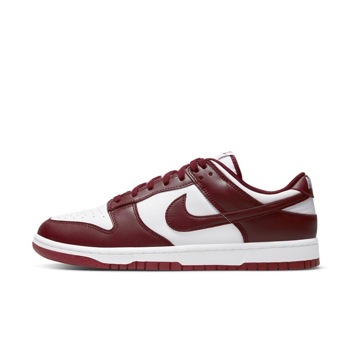 Nike Dunk Low Team Red sneaker featuring a white leather base with bordeaux overlays and classic Nike branding.