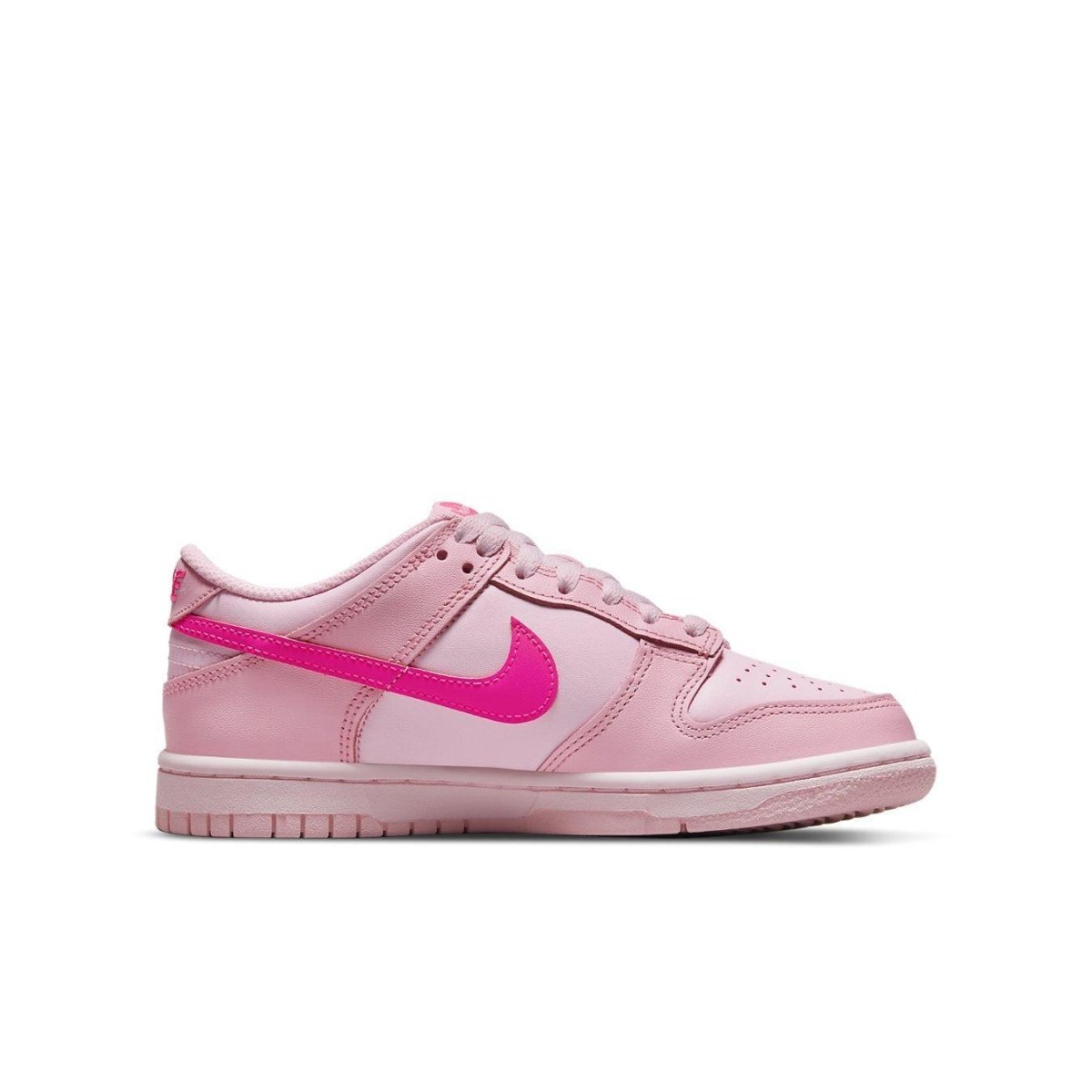 Nike Dunk Low Triple Pink GS sneaker showcasing three shades of pink with vibrant Hyper Pink Swoosh.