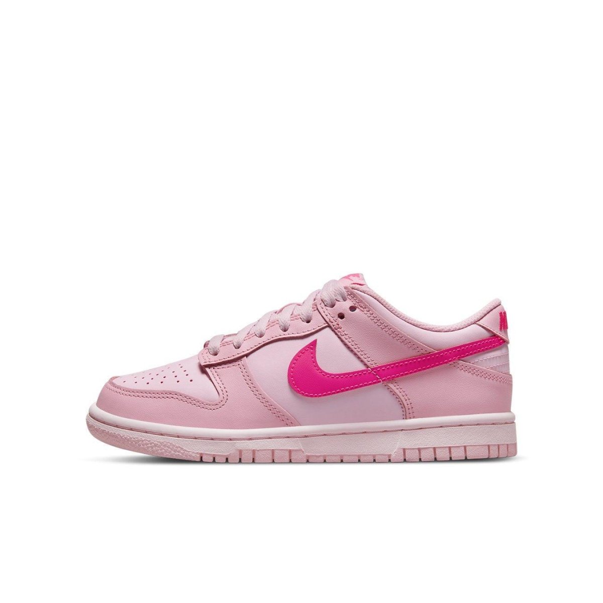 Nike Dunk Low Triple Pink GS sneaker in three shades of pink with bold Hyper Pink Swoosh detail.