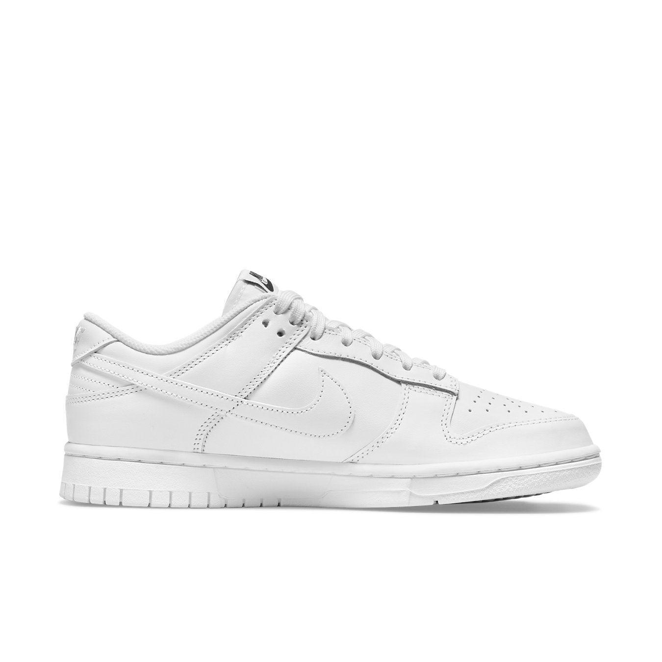 Nike Dunk Low Triple White (2021) women's sneakers, minimalist white leather design with classic Swoosh.