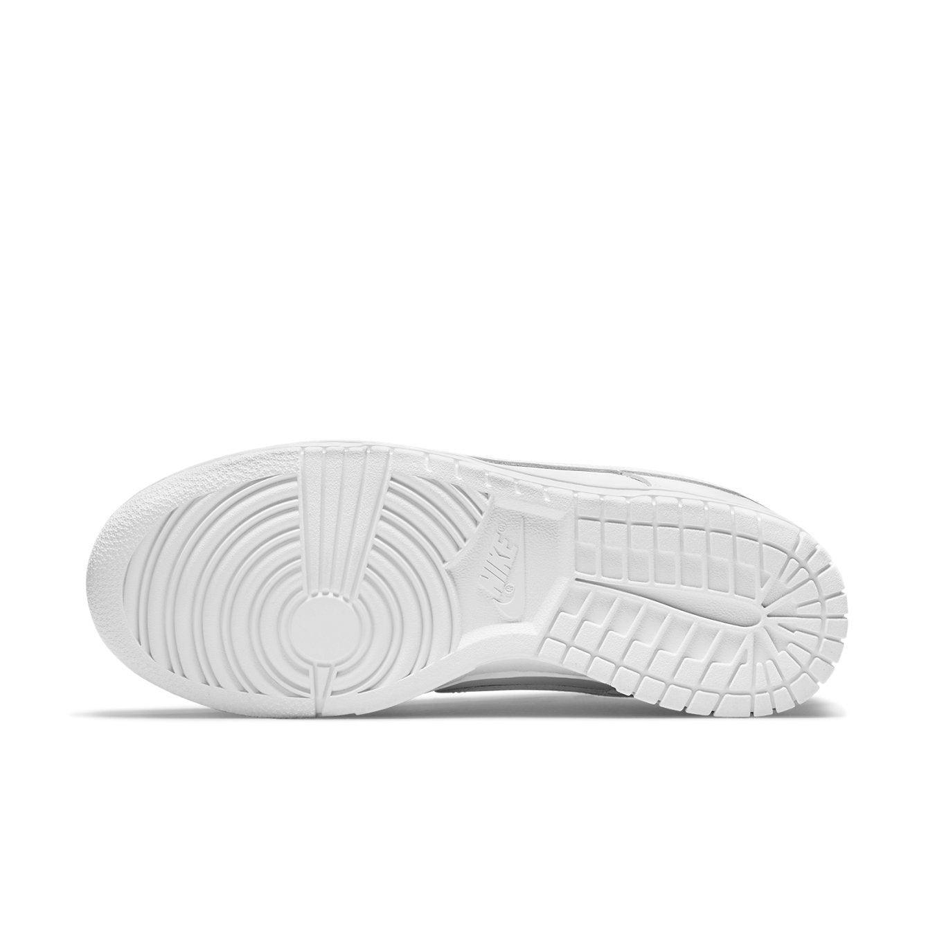 Nike Dunk Low Triple White (2021) women's sneaker sole view, featuring a clean and simple white design.
