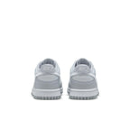 Rear view of Nike Dunk Low Two-Toned Grey showing white and grey tones with bold Nike branding on the heel.