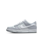 Nike Dunk Low Two-Toned Grey (GS) featuring light grey and Wolf Grey tones with white Swoosh and laces.