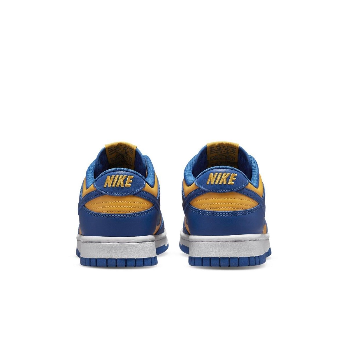 Nike Dunk Low UCLA shoes featuring a vibrant blue and yellow colorway, with 'NIKE' branding on the heel.