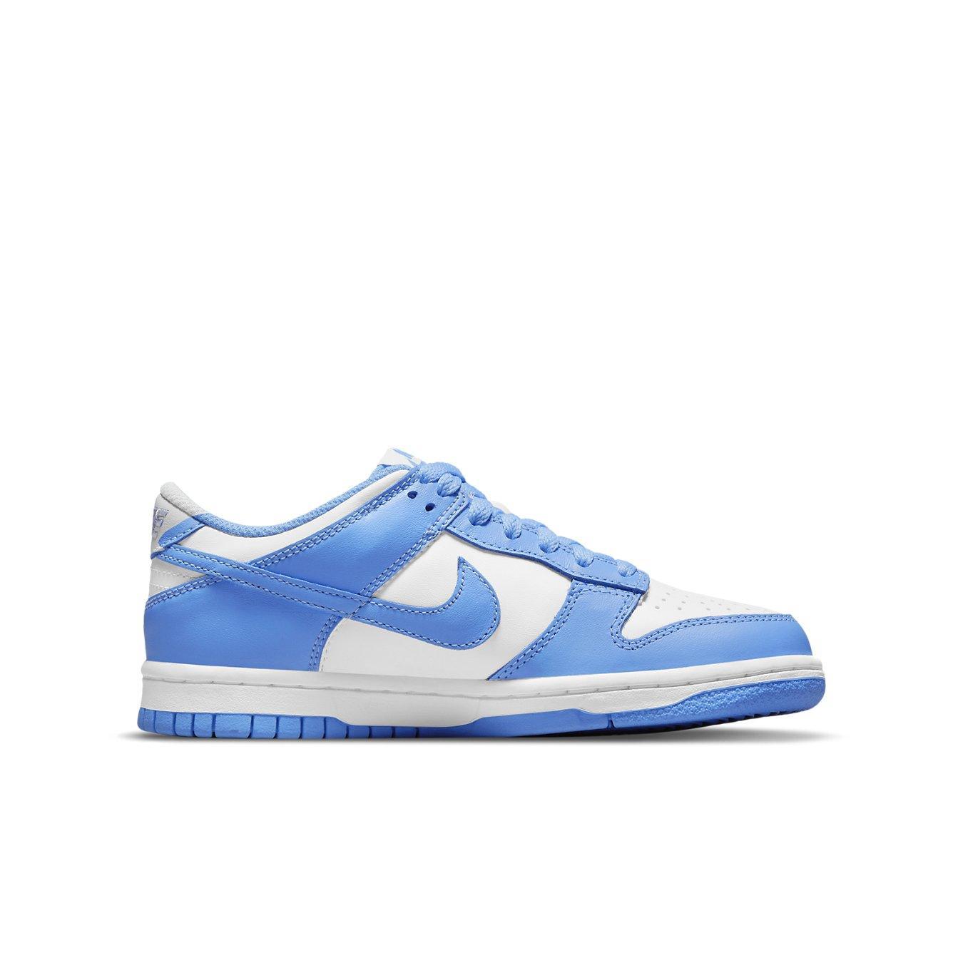 Nike Dunk Low UNC 2021 sneaker in white and University Blue with perforations for ventilation.