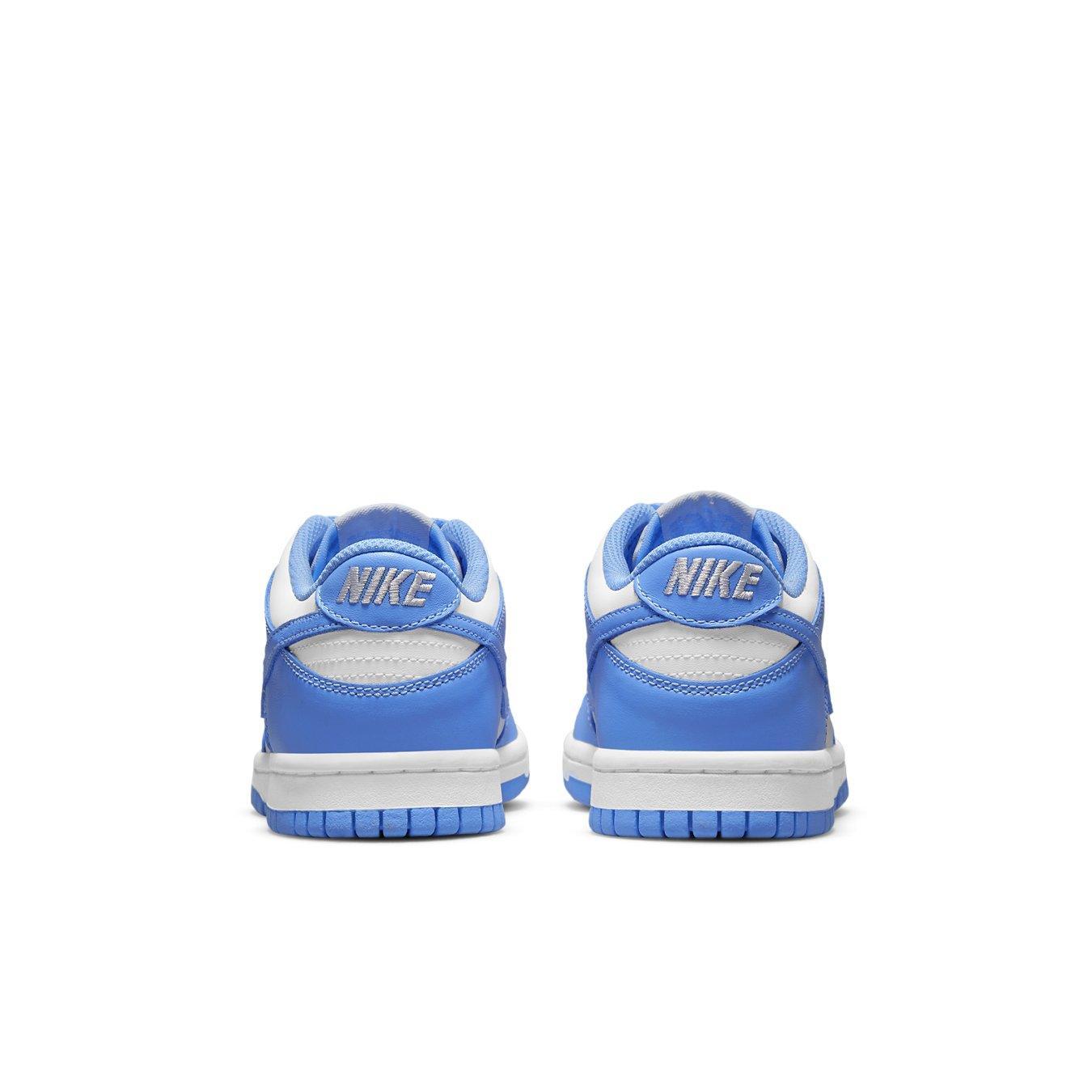 Nike Dunk Low UNC 2021 GS sneaker rear view in University Blue and white colors.