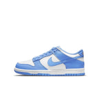 Nike Dunk Low UNC 2021 GS sneaker in white and University Blue with perforations and padded collar.