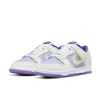 Nike Dunk Low Union Passport Pack Court Purple, showcasing a white and purple color scheme with yellow accents.