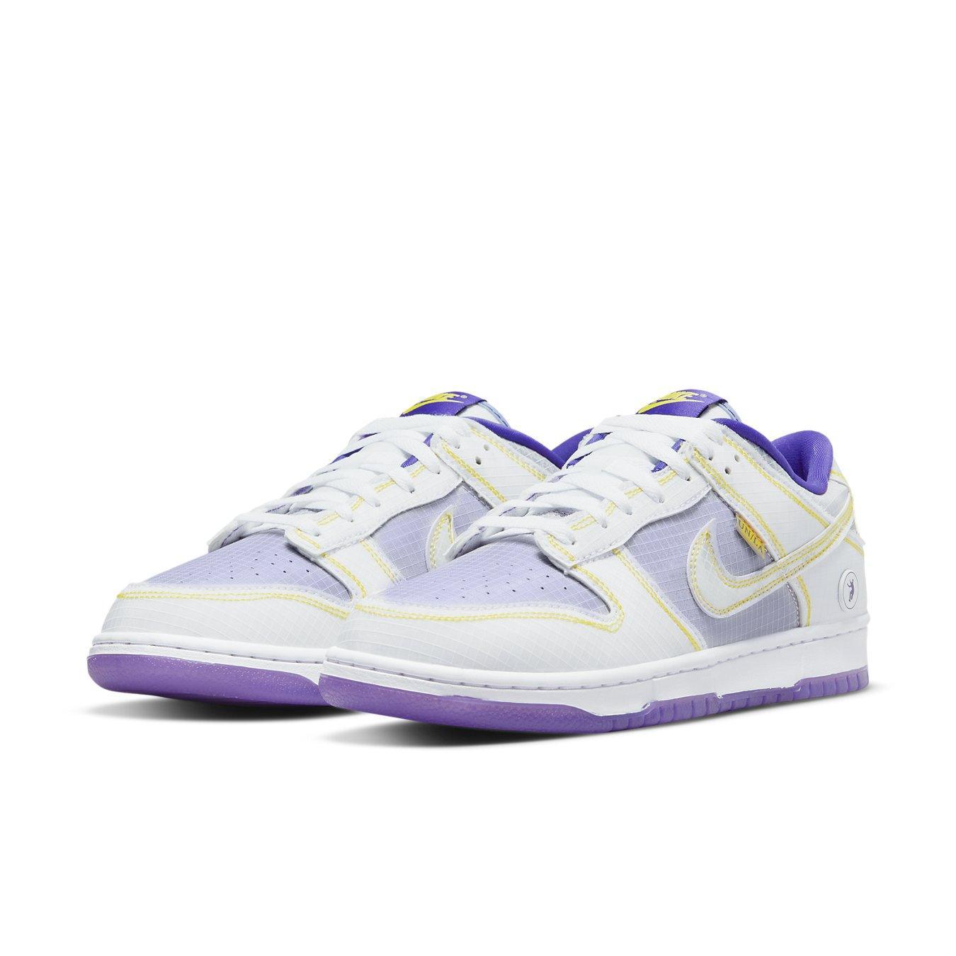 Nike Dunk Low Union Passport Pack Court Purple, showcasing a white and purple color scheme with yellow accents.