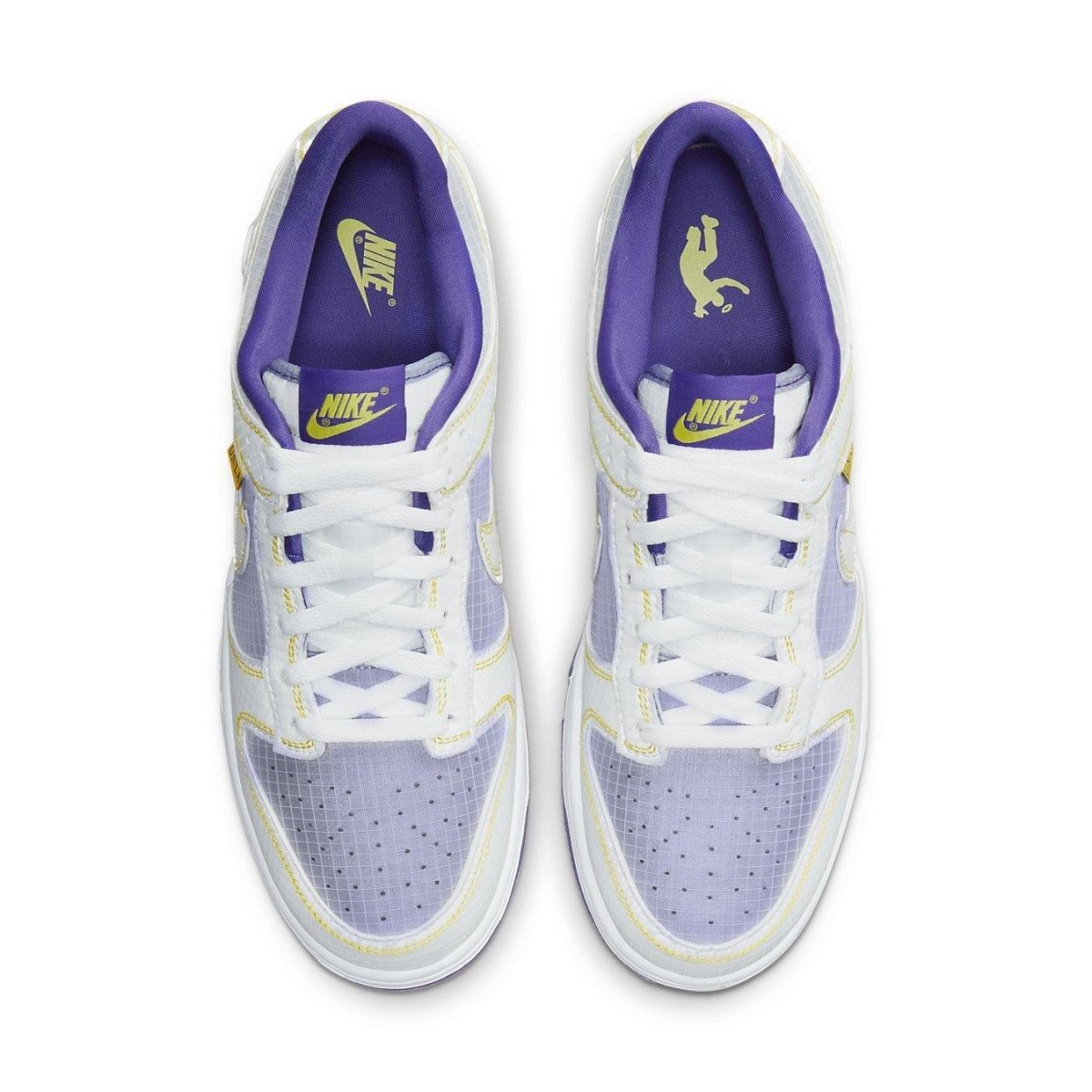 Nike Dunk Low Union Court Purple top view featuring translucent upper and purple accents.