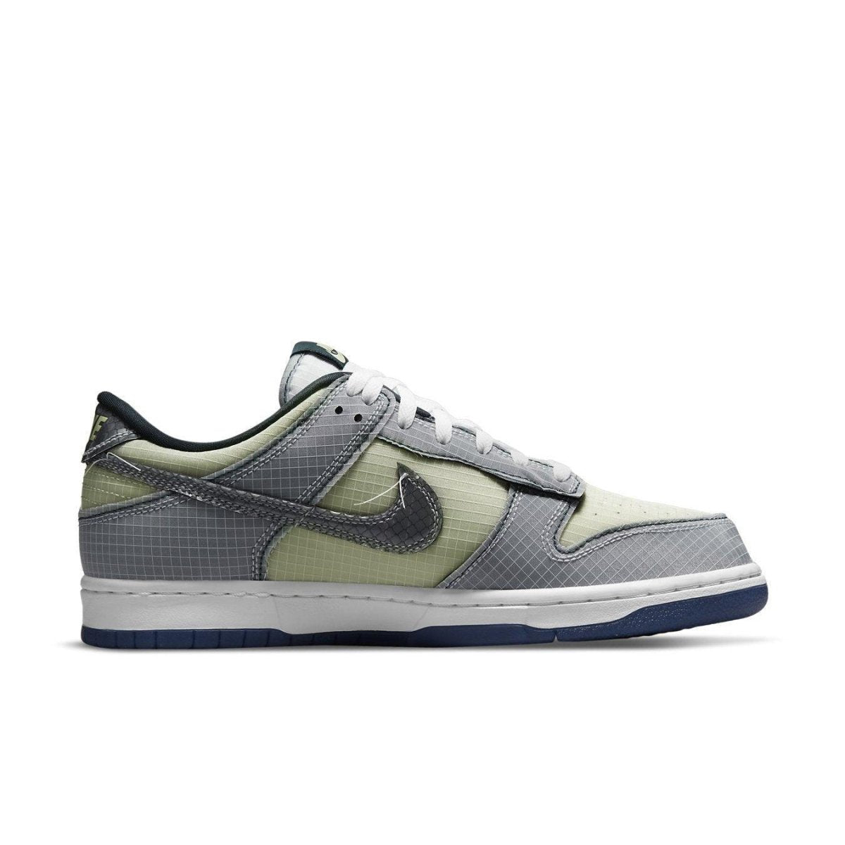 Nike Dunk Low Union Passport Pack Pistachio sneaker side view in grey and mint colorway