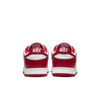 Nike Dunk Low University Red 2023 sneaker back view with white and red leather design.