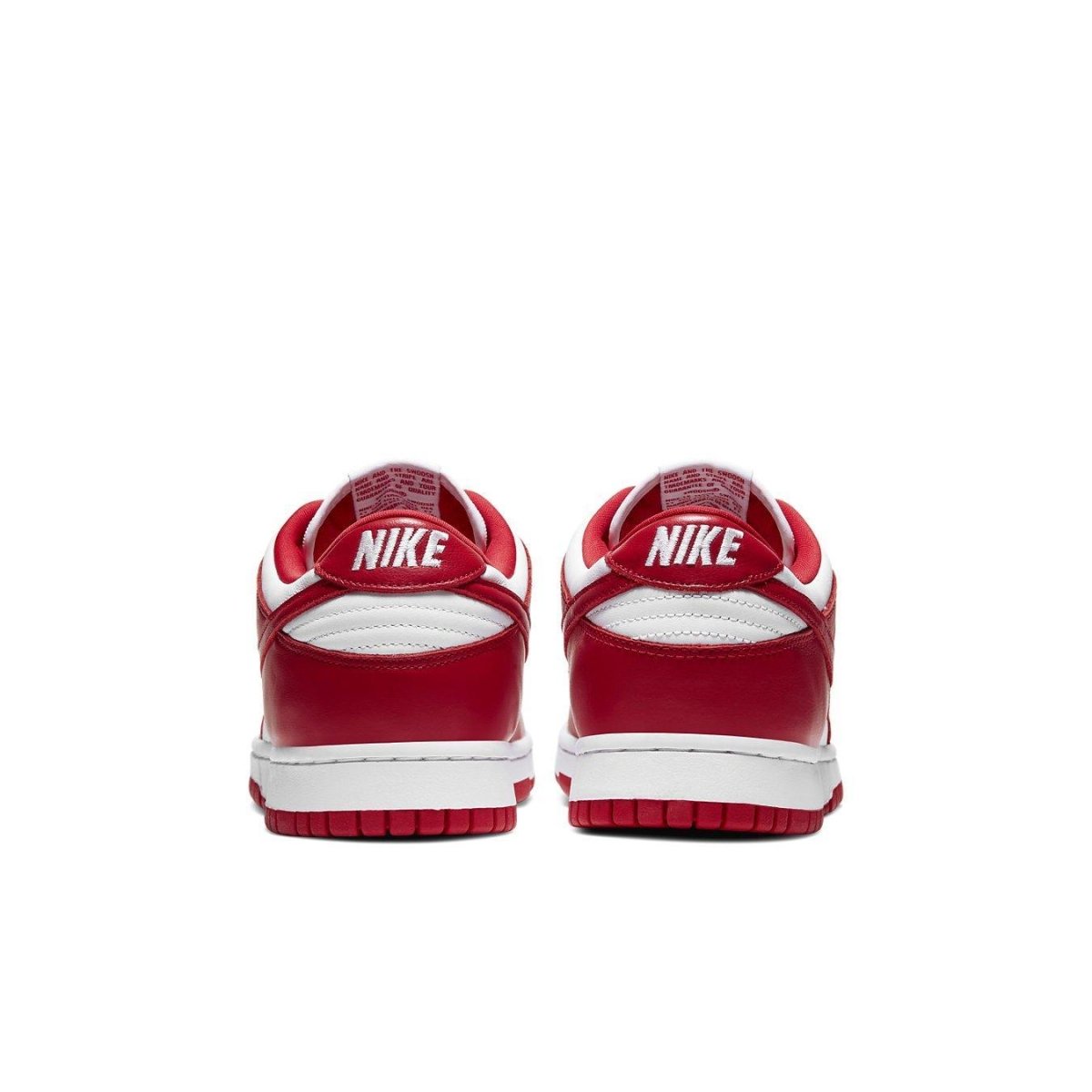 Nike Dunk Low University Red 2023 sneaker back view with white and red leather design.
