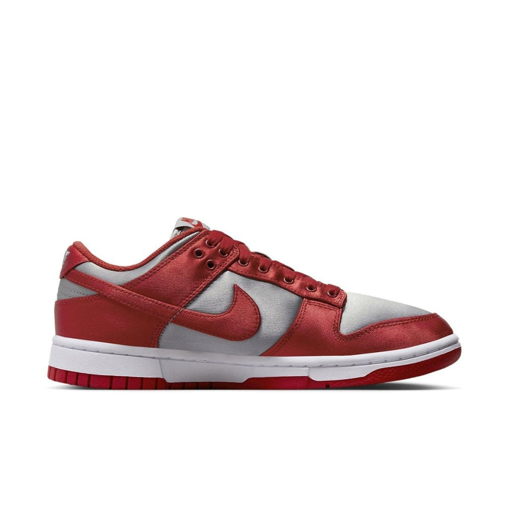 Nike Dunk Low UNLV Satin women's sneakers in red and grey satin finish.